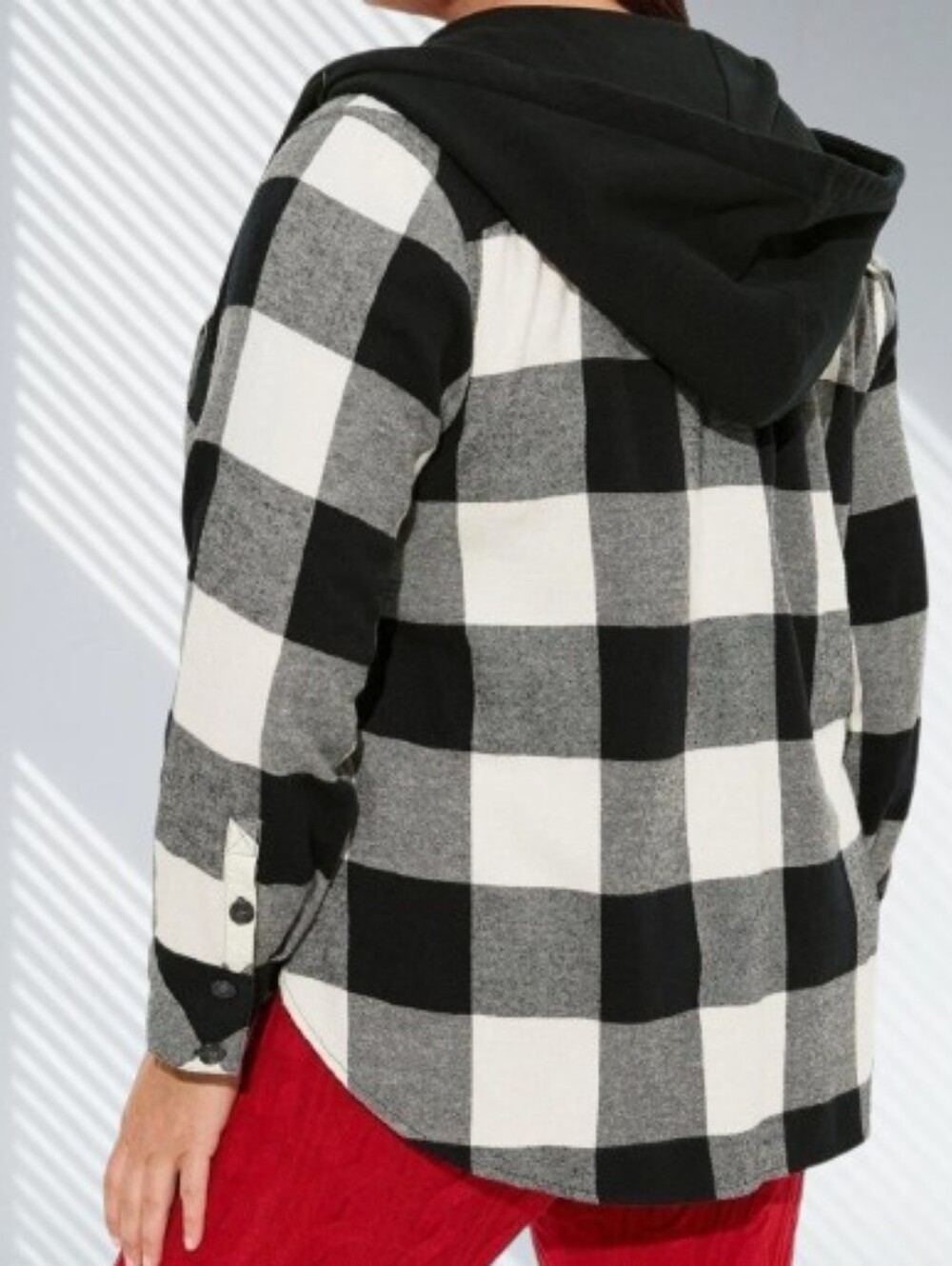 Black & White Buffalo Button Up Hoodie Plaid Hooded Shirt Jacket, 1x